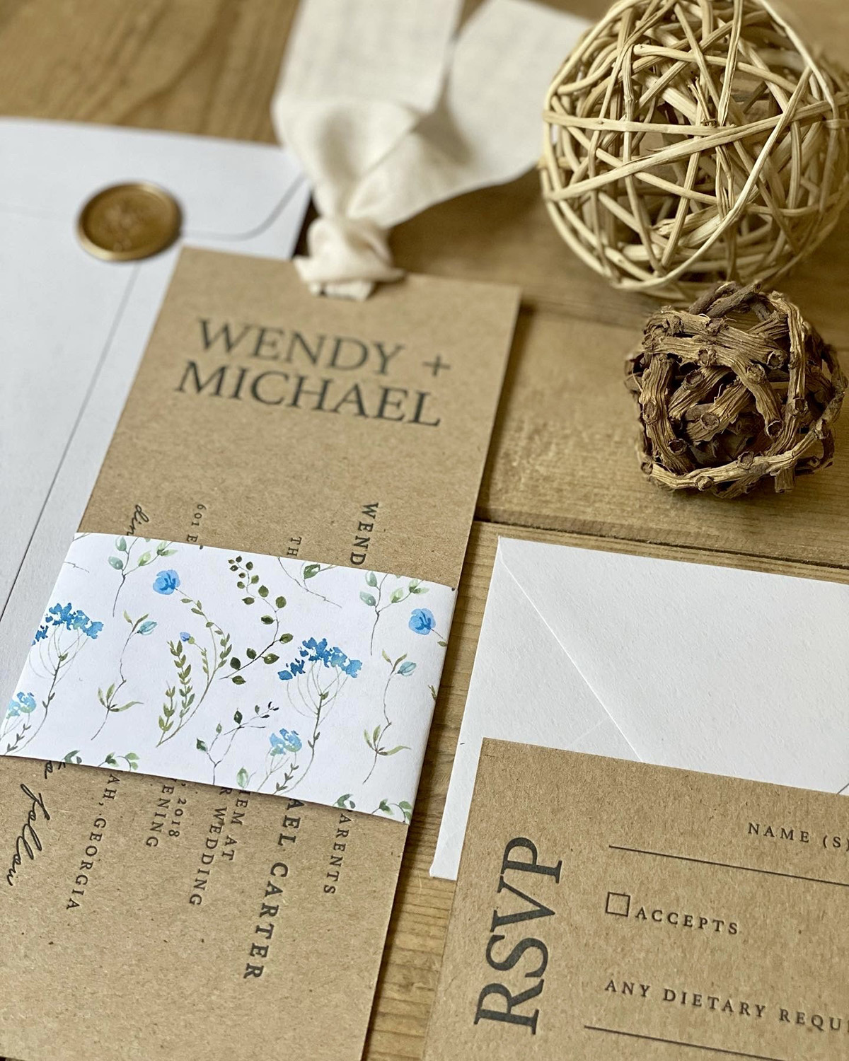 A10 Invitation printed on thick card stock with belly bands and wax seals
