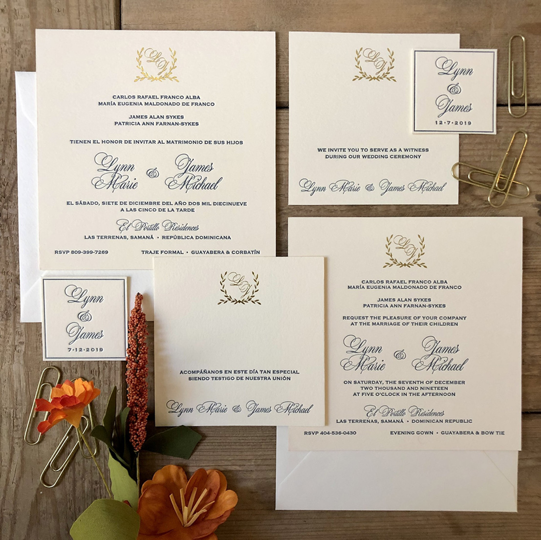 Foil Printing Custom Monogram Wedding Invitation
